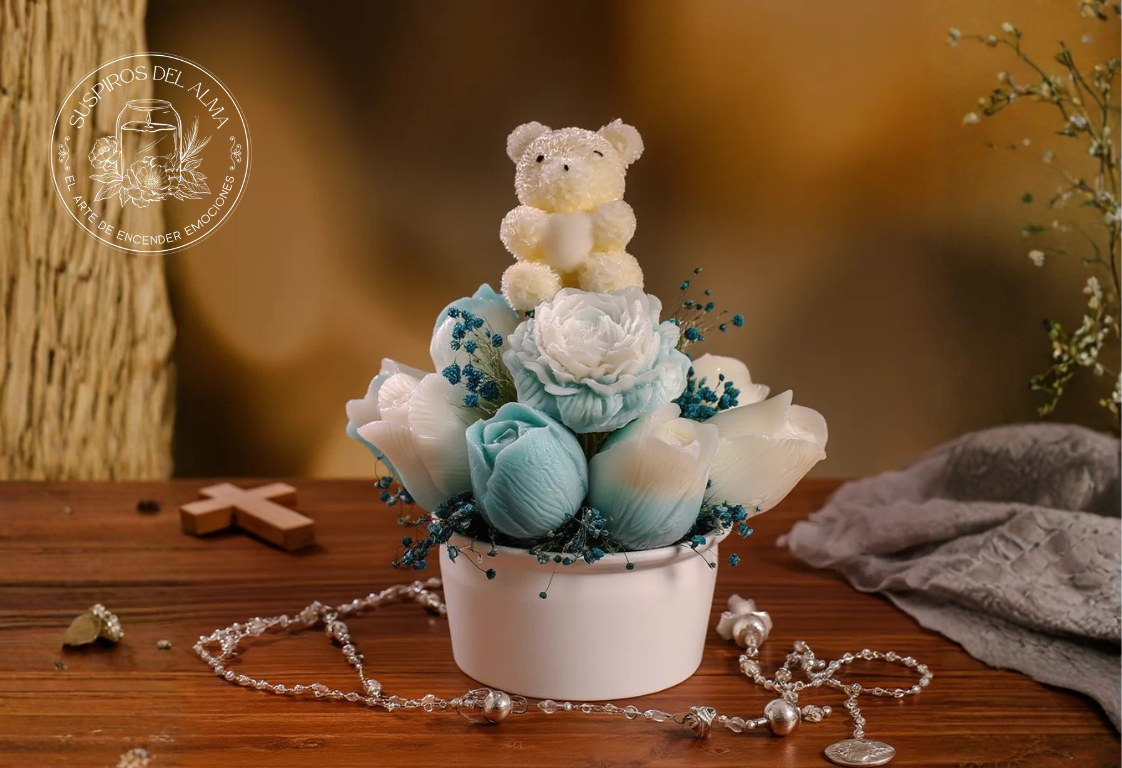 Vela Arreglo de flores con oso de peluche