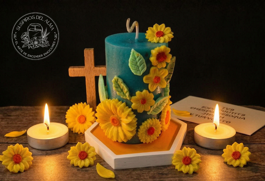 Vela Artesanal Azul con Flores