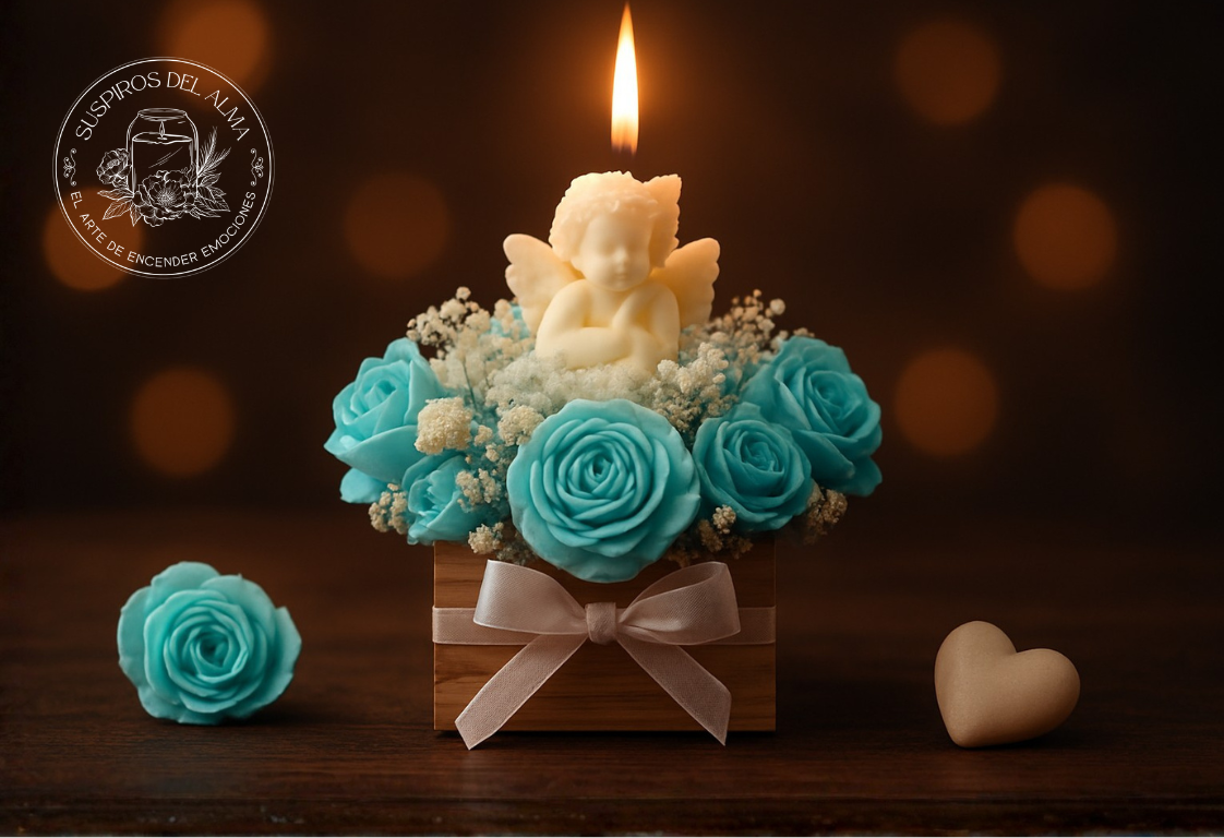 Vela Ángel con Flores Azules
