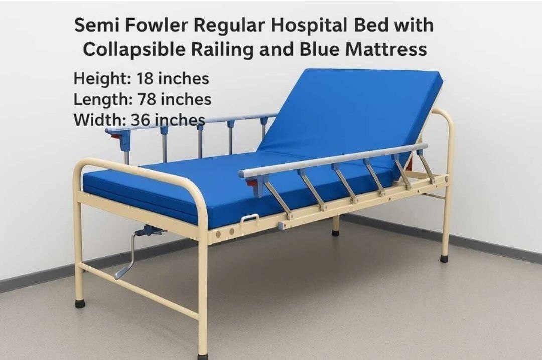 Semi Fowler Bed General with Blue Mattress and Collapsible Side Railings - 6ft by 3ft by 1.5ft