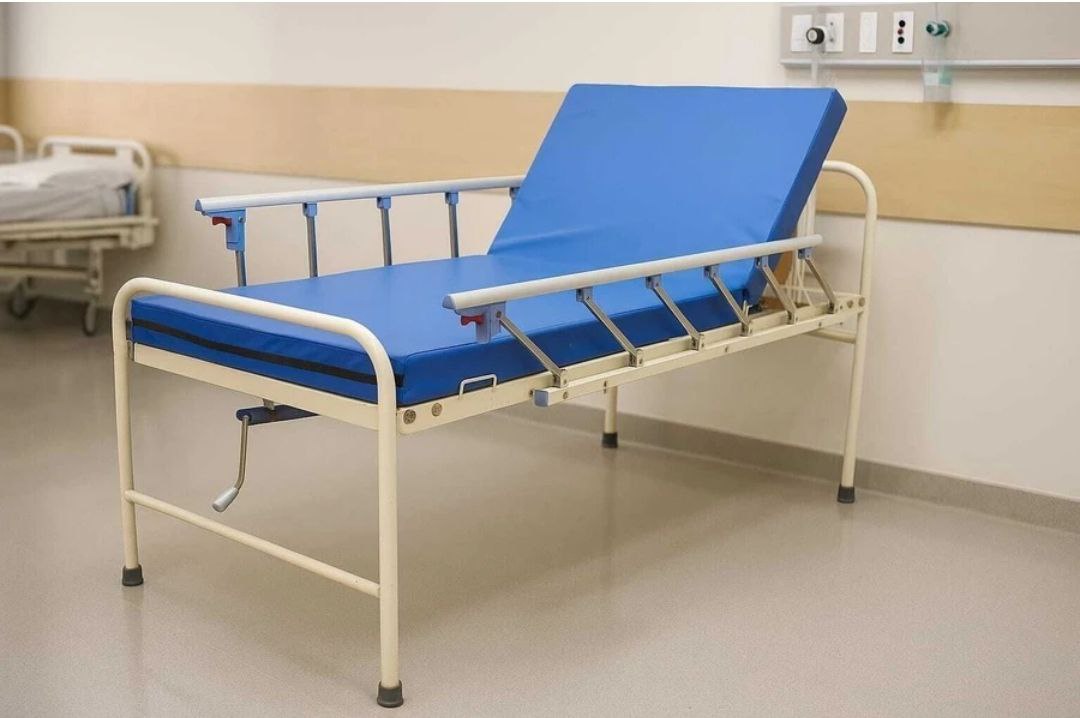 Semi Fowler Bed General with Blue Mattress and Collapsible Side Railings - 6ft by 3ft by 1.5ft