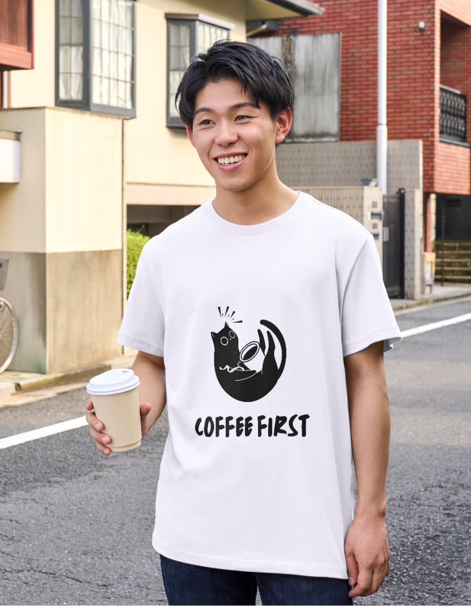 Coffee First Black Cat White T-shirt
