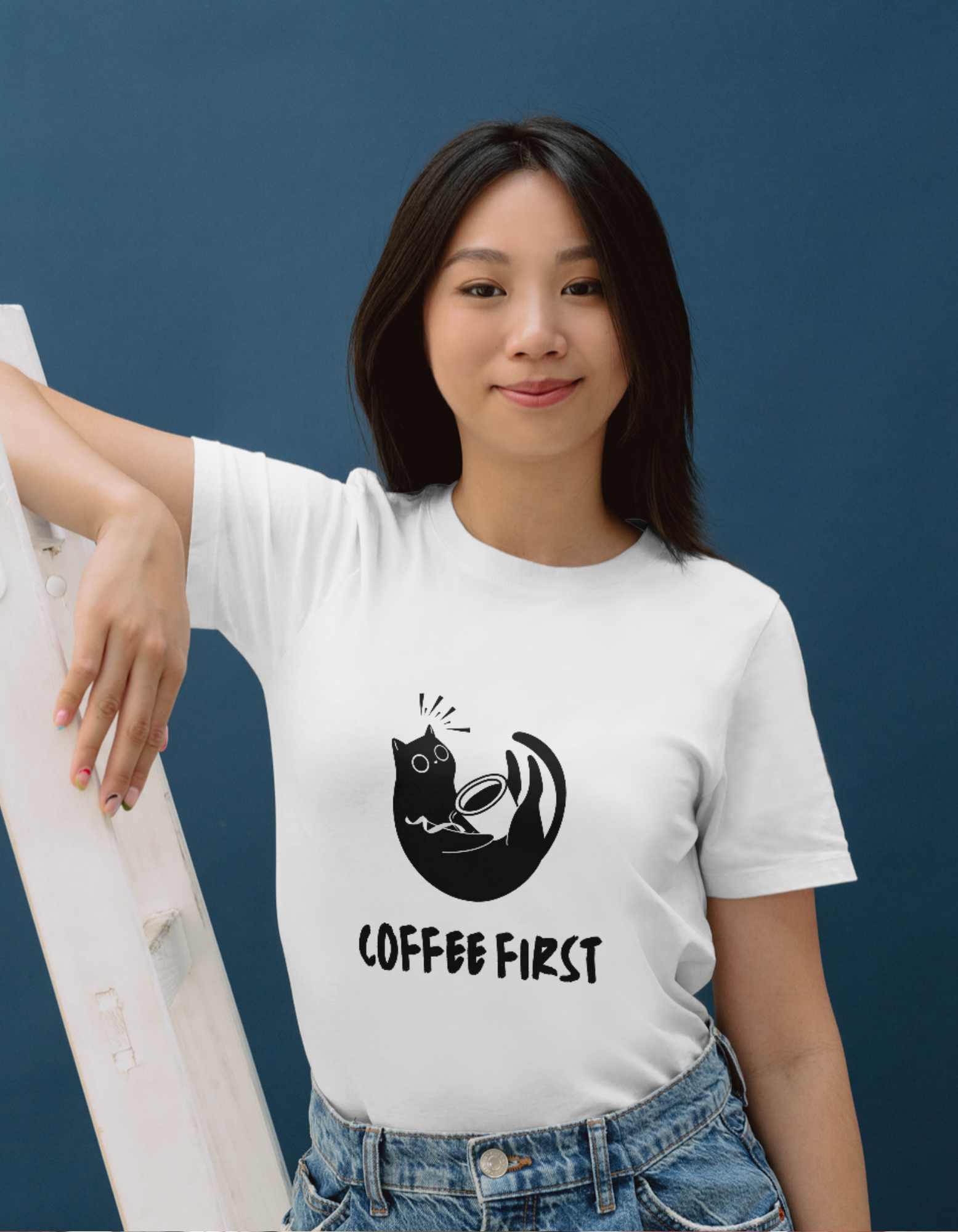 Coffee First Black Cat White T-shirt