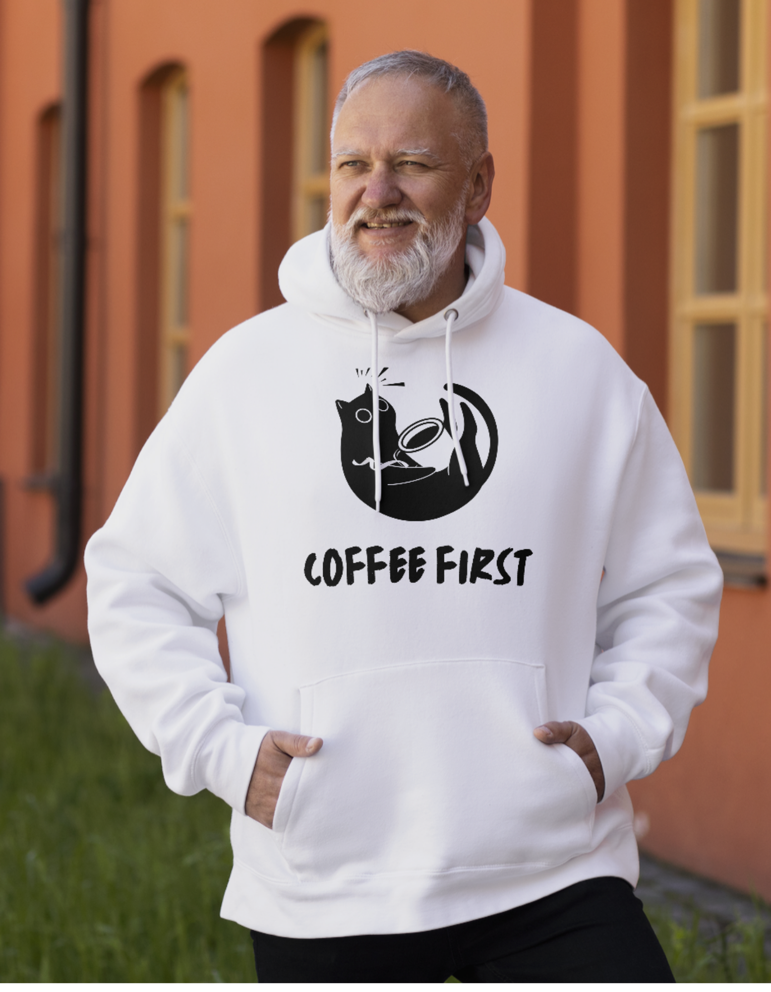 Coffee First Black Cat White Hoodie