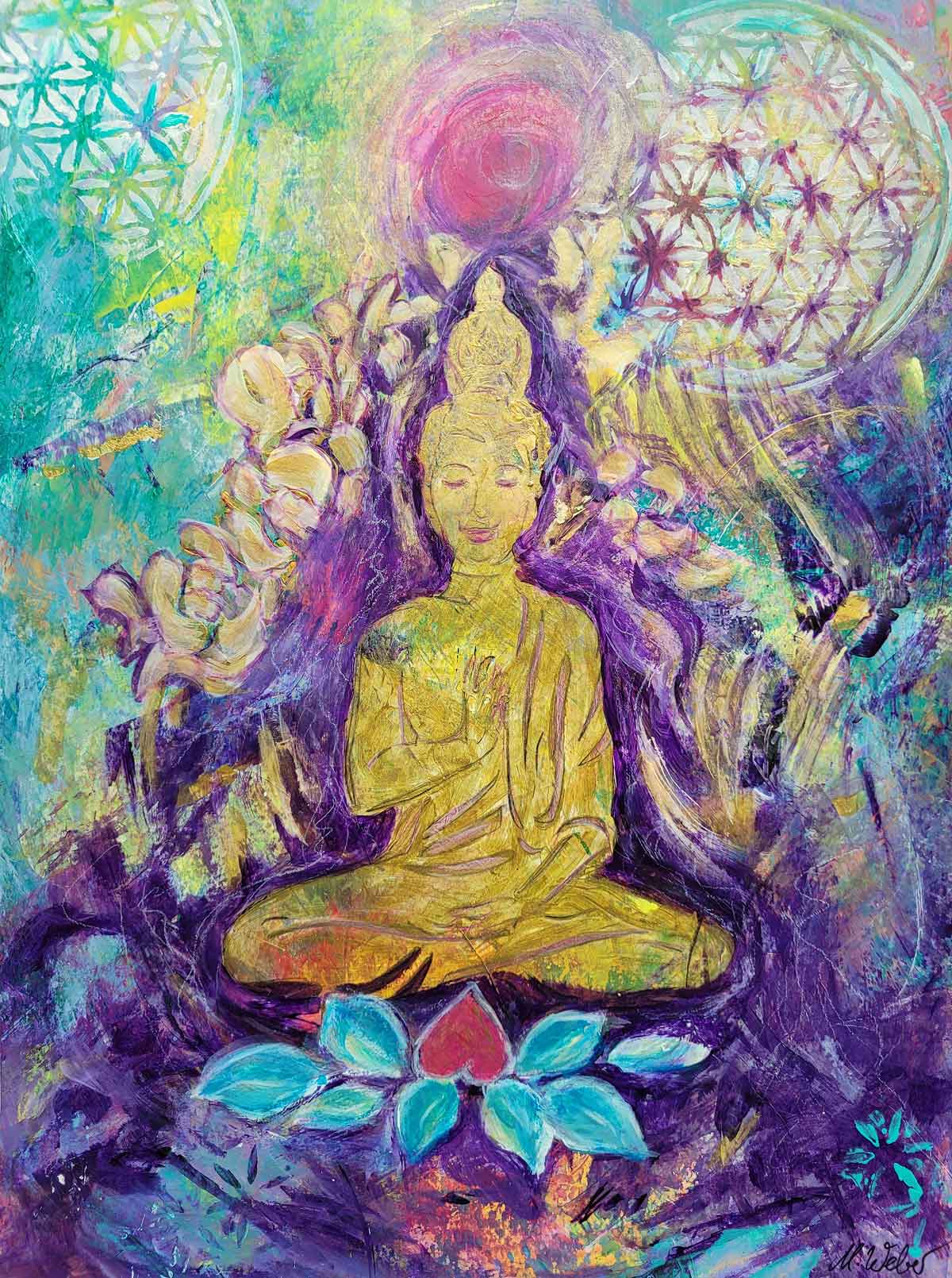 Der mystisch lächelnde Buddha – Mixed-Media-Seelenbild