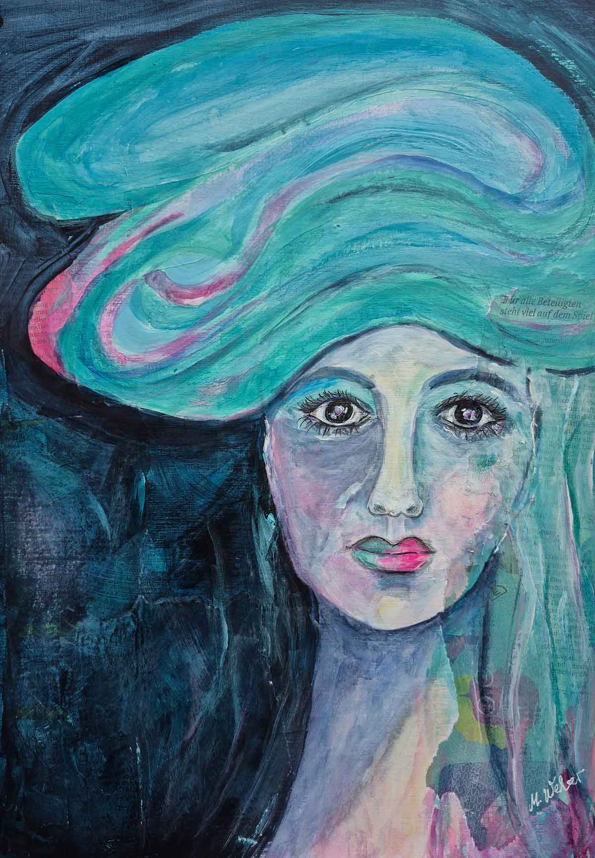 Geheimnisvolle Frau – Abstraktes Mixed-Media-Bild