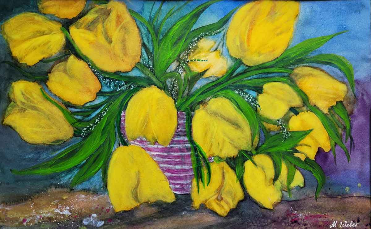 Fröhliche Tulpen-Fülle in Vase - Aquarell, Acryl, Tusche