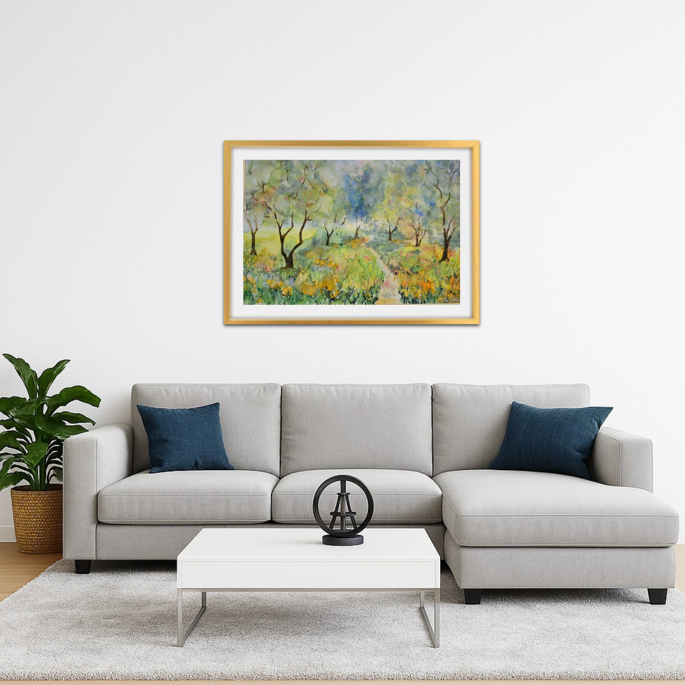 Blühende Frühlingswiese mit Bäumen - Aquarell