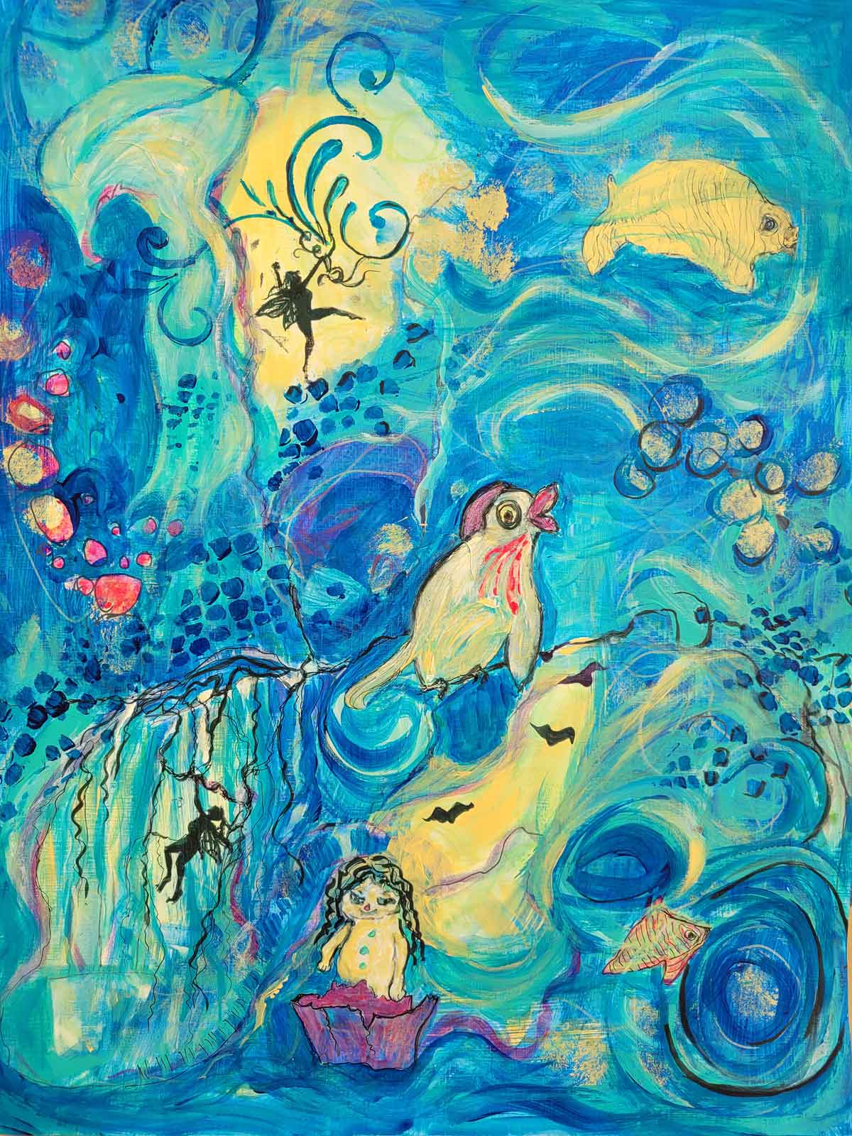 Abstraktes verspieltes Meereskunstwerk - Mixed-Media-Bild