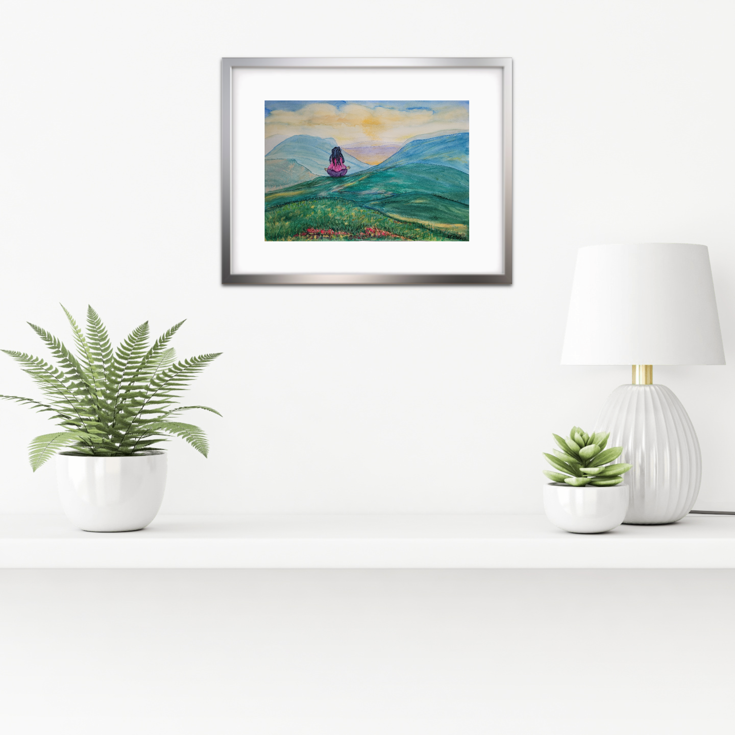 Meditierende Frau in der Natur – Aquarell