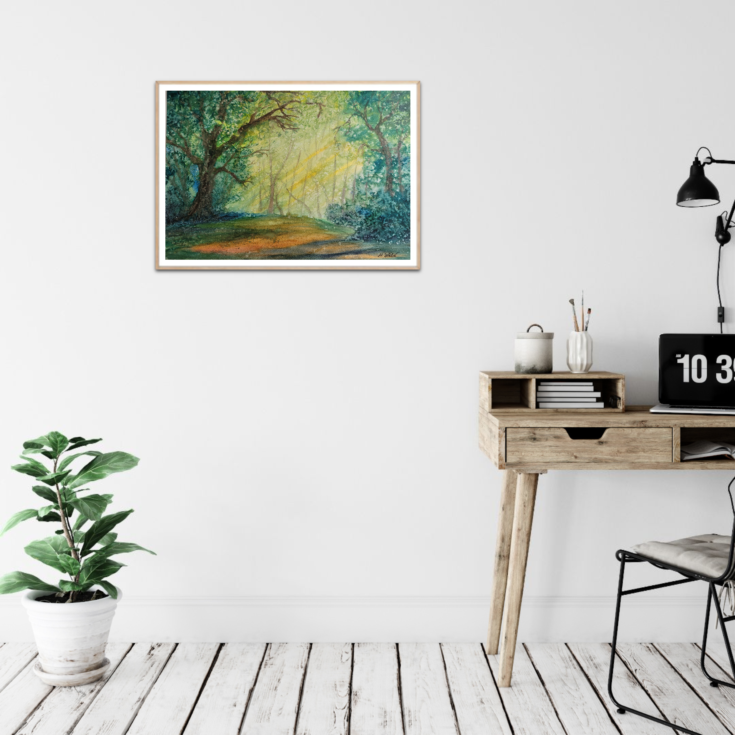 Waldlichtung mit gleißendem Sonnenlicht – Aquarell