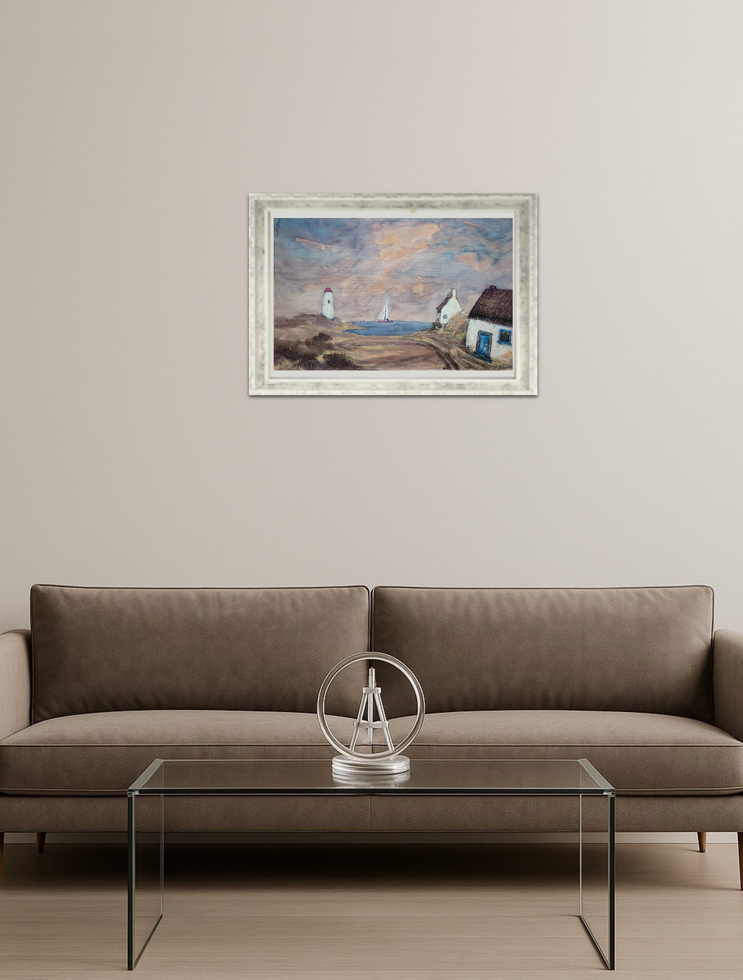 Windschiefes altes Haus am Meer in Küstenlandschaft - Aquarell