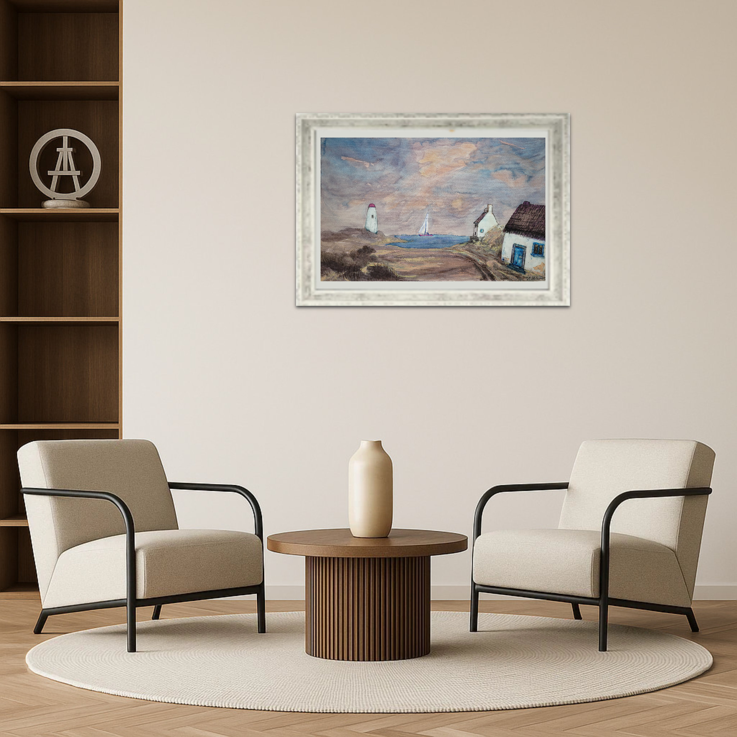 Windschiefes altes Haus am Meer in Küstenlandschaft - Aquarell