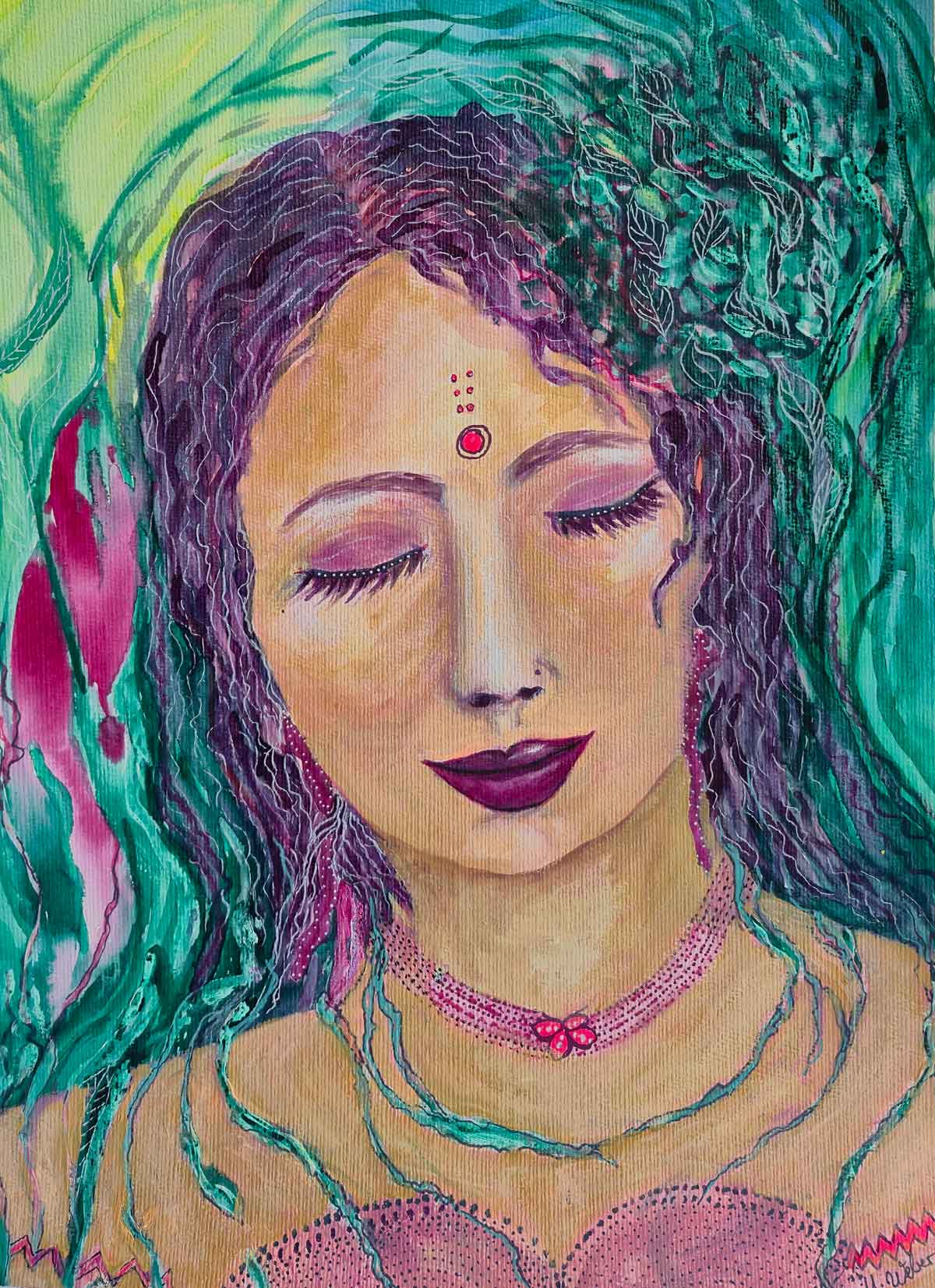 Energetische, farbenfrohe Heilerin – Porträt in Aquarell und Zeichentusche