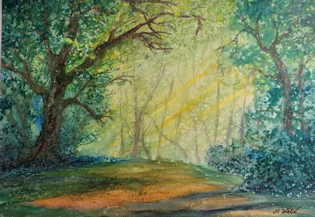 Waldlichtung mit gleißendem Sonnenlicht – Aquarell