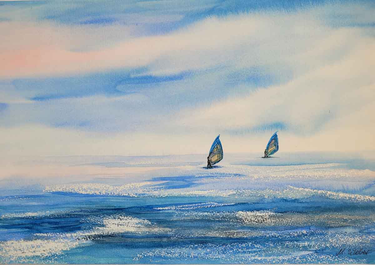 Zwei Surfer auf dem Meer – Aquarell