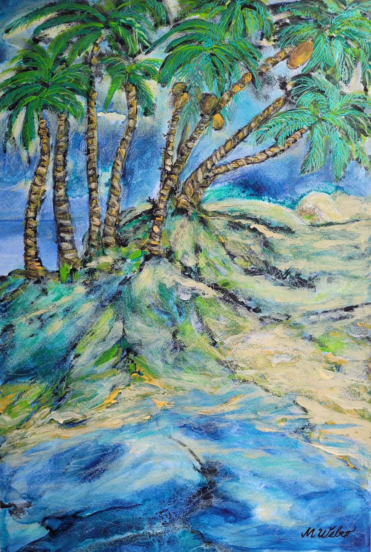 Sehnsuchtsort Palmen-Insel im Meer - Aquarell