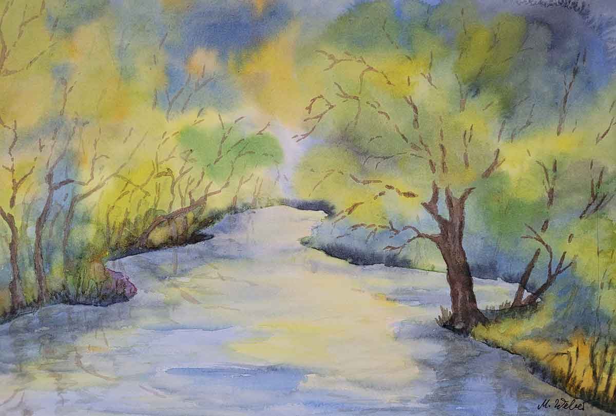 Sanfte Frühlingsstimmung am Bach - Aquarell 
