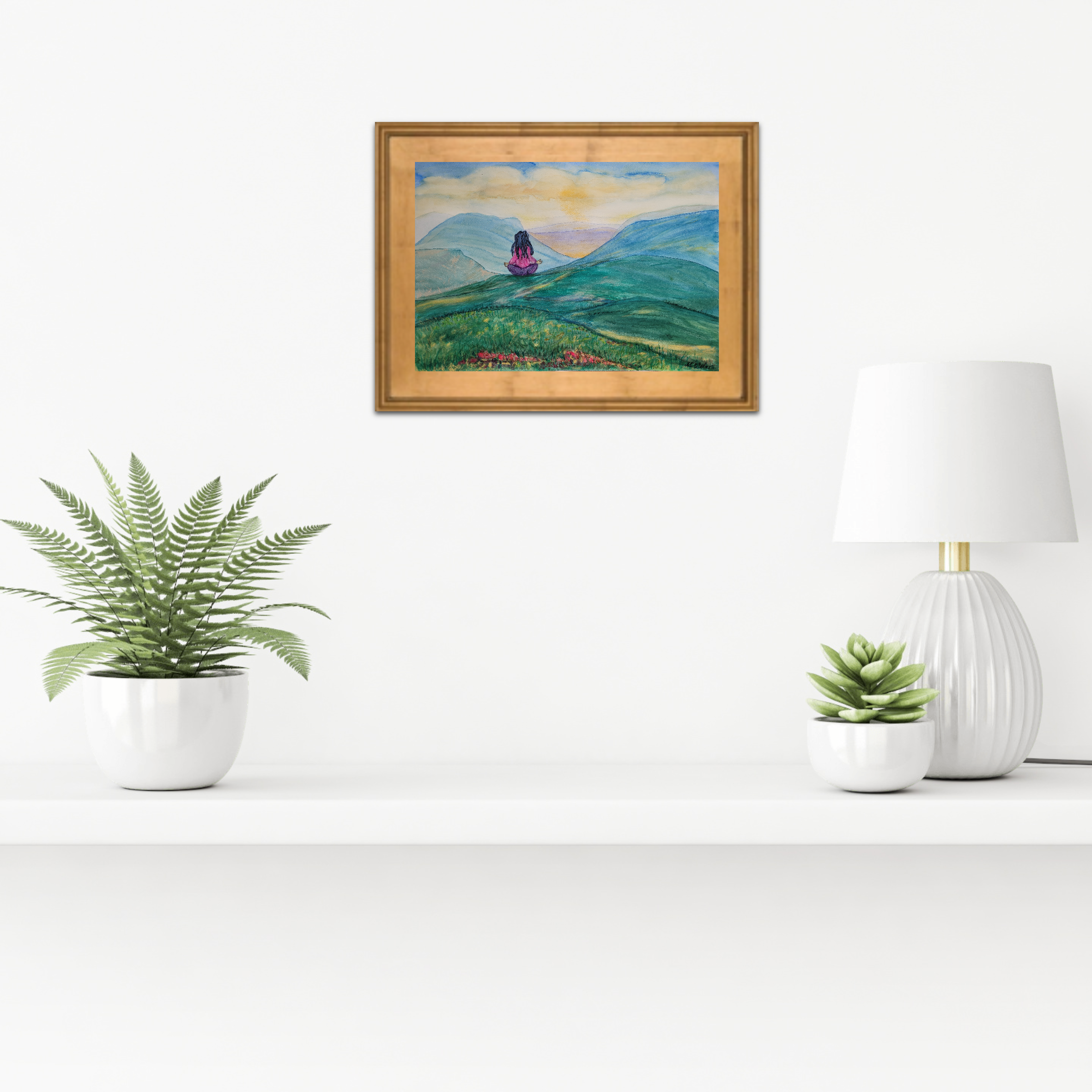 Meditierende Frau in der Natur – Aquarell