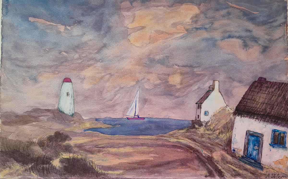 Windschiefes altes Haus am Meer in Küstenlandschaft - Aquarell