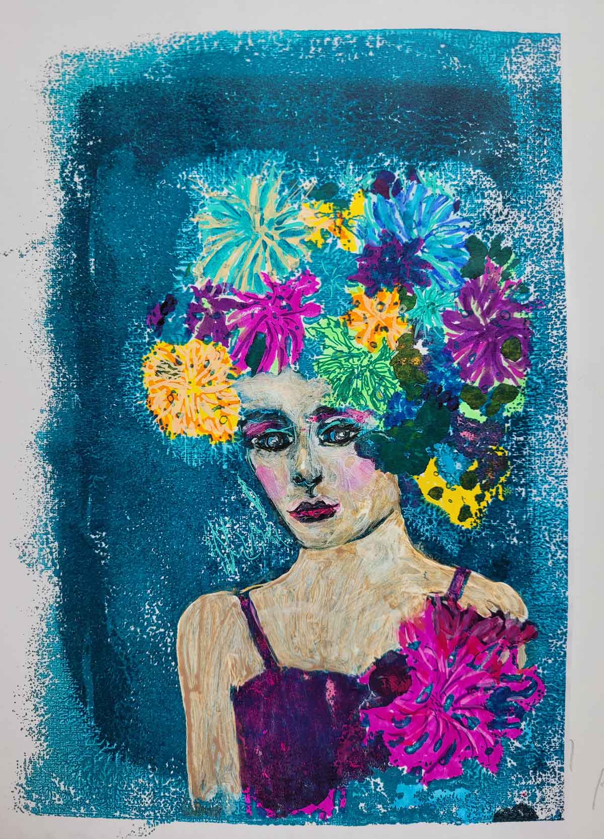 Blumenfrau – Kunstgemälde als Originaldruck mit Rahmen