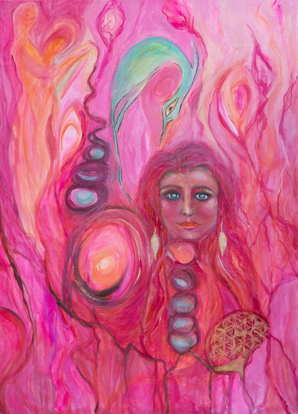 Das Universum und Ich – Spirituelles Mixed-Media-Bild in Rot und Pink