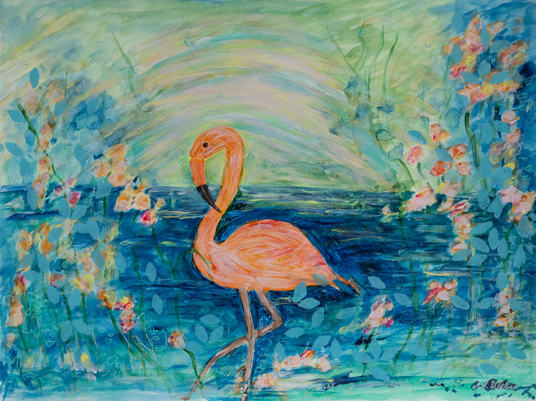 Ein Flamingo in der Salzwüste Chiles  - Mixed-Media-Bild