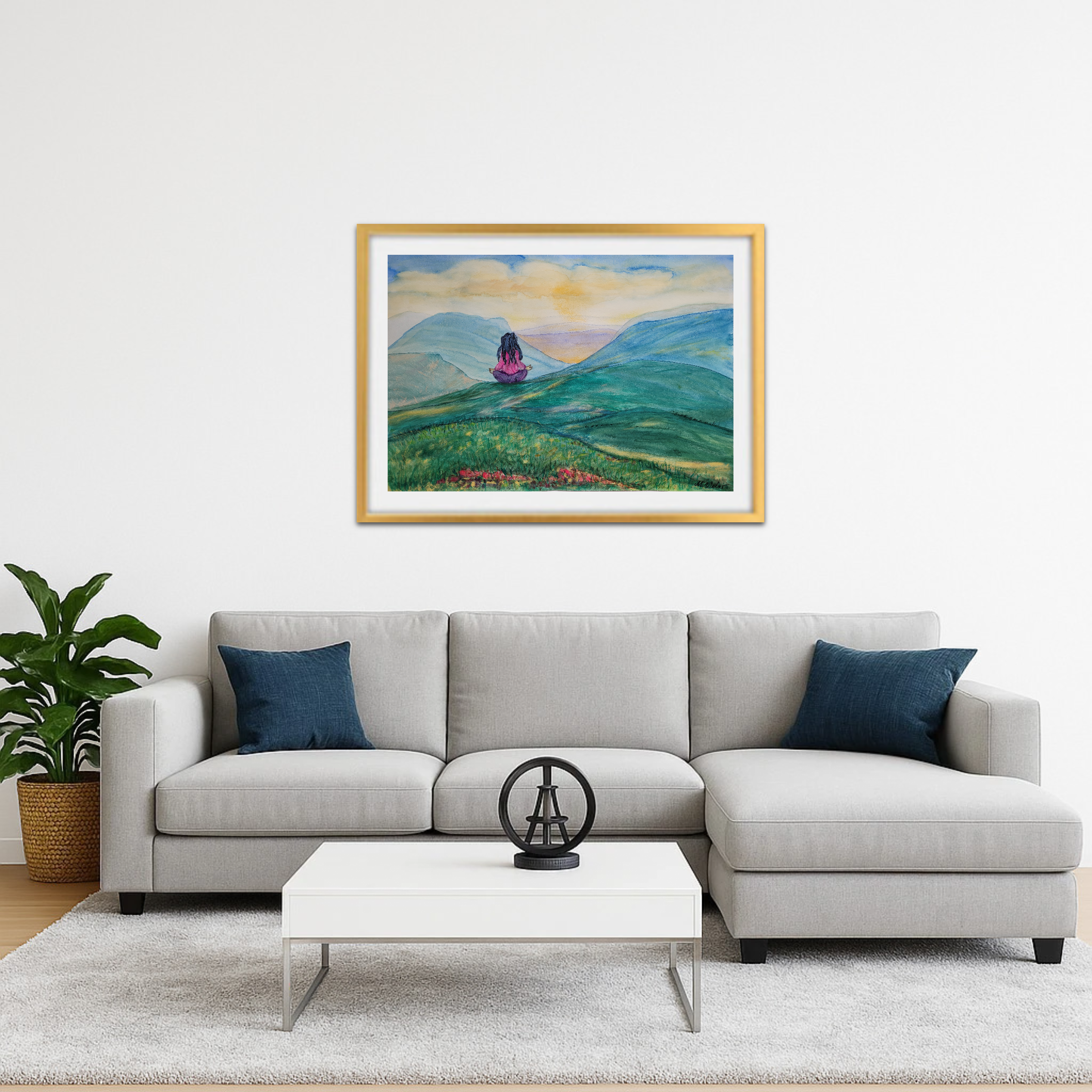 Meditierende Frau in der Natur – Aquarell