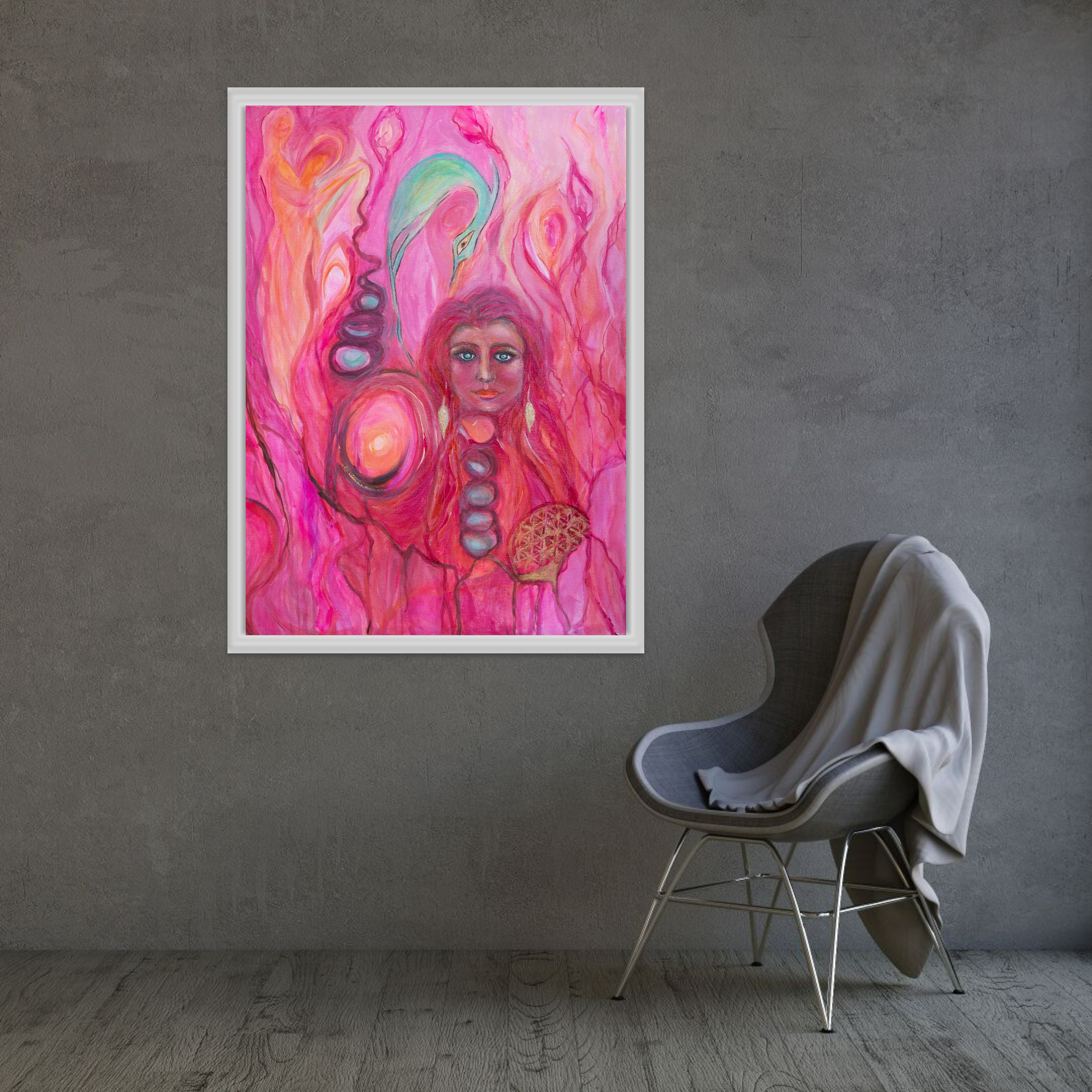Das Universum und Ich – Spirituelles Mixed-Media-Bild in Rot und Pink