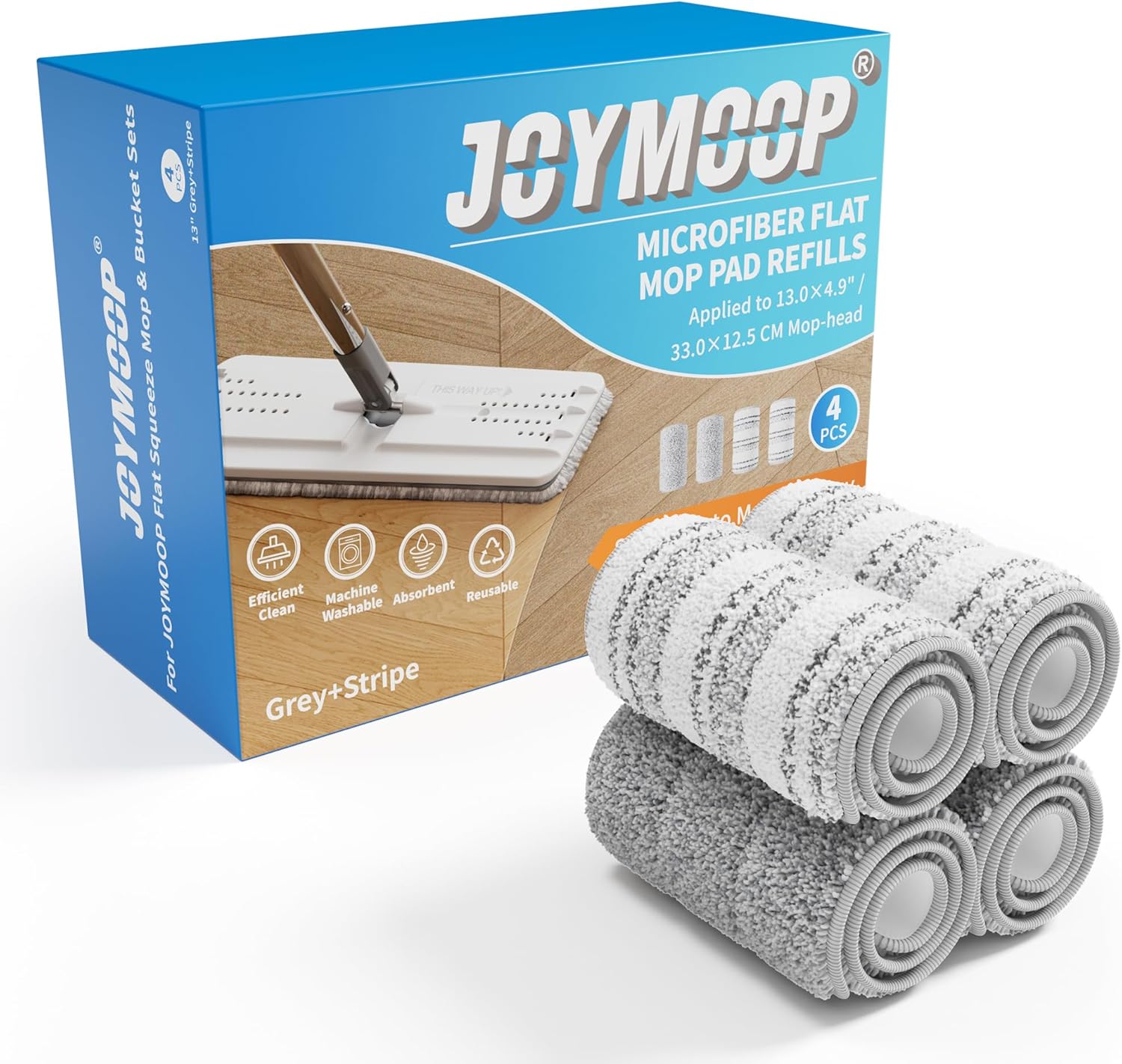 JOYMOOP Mop Replacement Pads, 4-Pack 13" × 4.9" Microfiber Flat Mop Refills, Dual Grey & Stripe Pads for Wet & Dry Cleaning, Fits JOYMOOP Mop Head Refills, Machine Washable, Durable, Scratch-Free