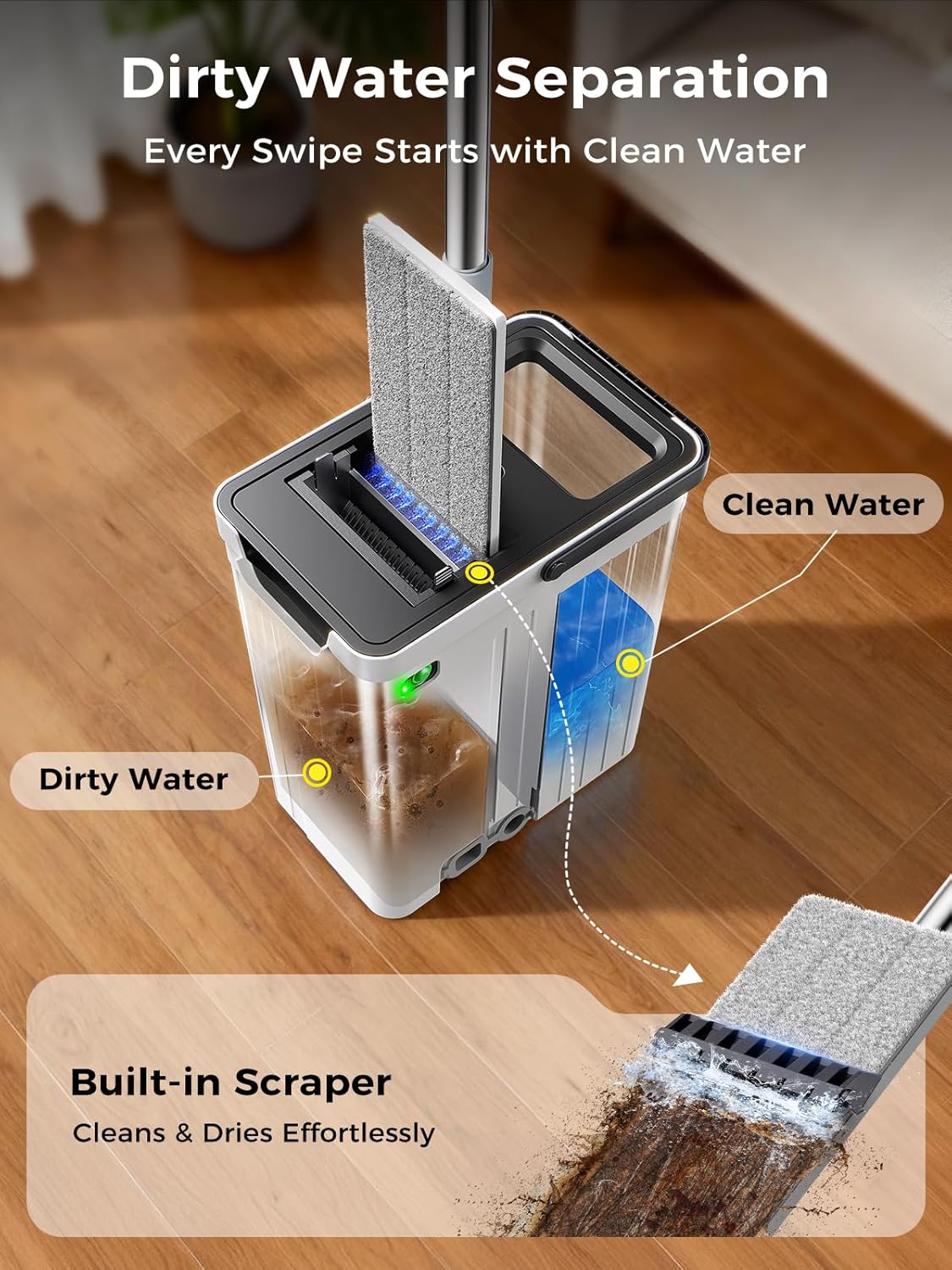 ADICOM Mop and Bucket Set | Auto-Spray Cleaning | Dirty Water Separation Keep Water Fresh | Flat Mop & Bucket with Scraper | 3X Washable Pads | Mops for Floor Cleaning All Floors Tile Wall Window