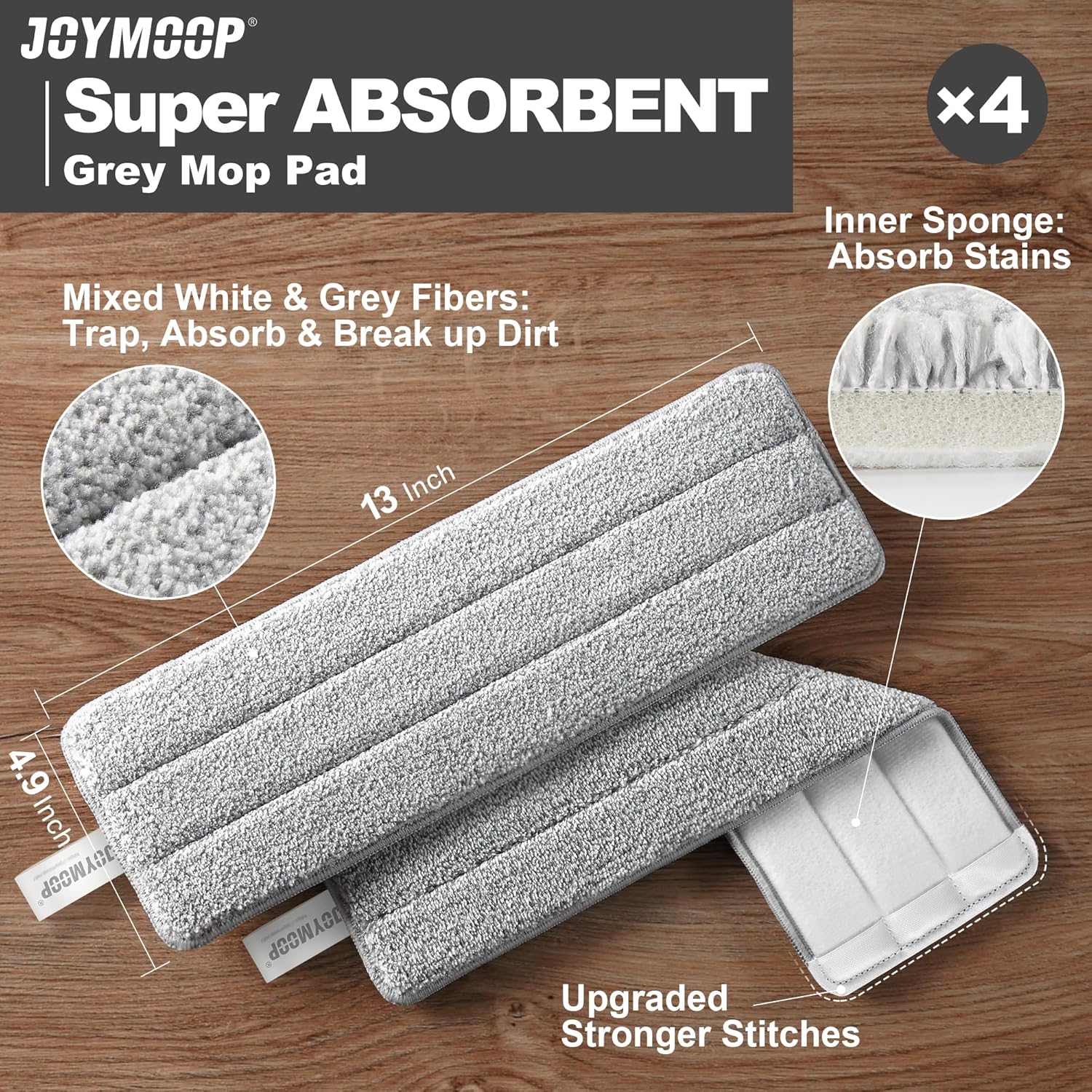 JOYMOOP Mop Replacement Pads, 4-Pack 13" × 4.9" Microfiber Flat Mop Refills, Dual Grey & Stripe Pads for Wet & Dry Cleaning, Fits JOYMOOP Mop Head Refills, Machine Washable, Durable, Scratch-Free