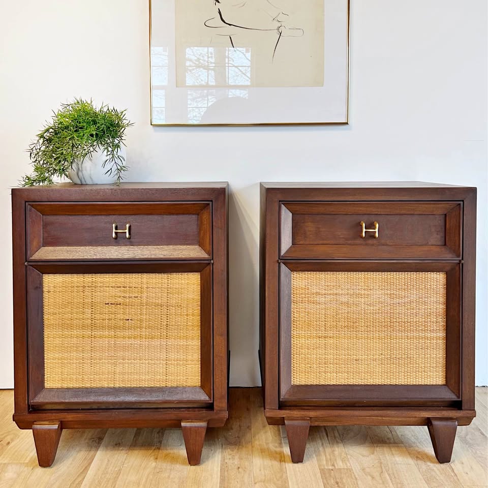 Mid-Century Cane Front Nightstands (Pair)