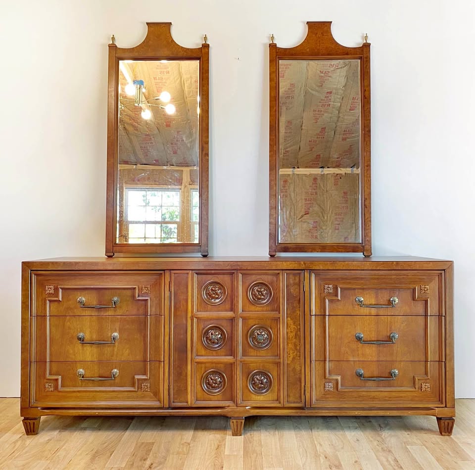 Mid-Century Walnut Dresser with Twin Mirrors