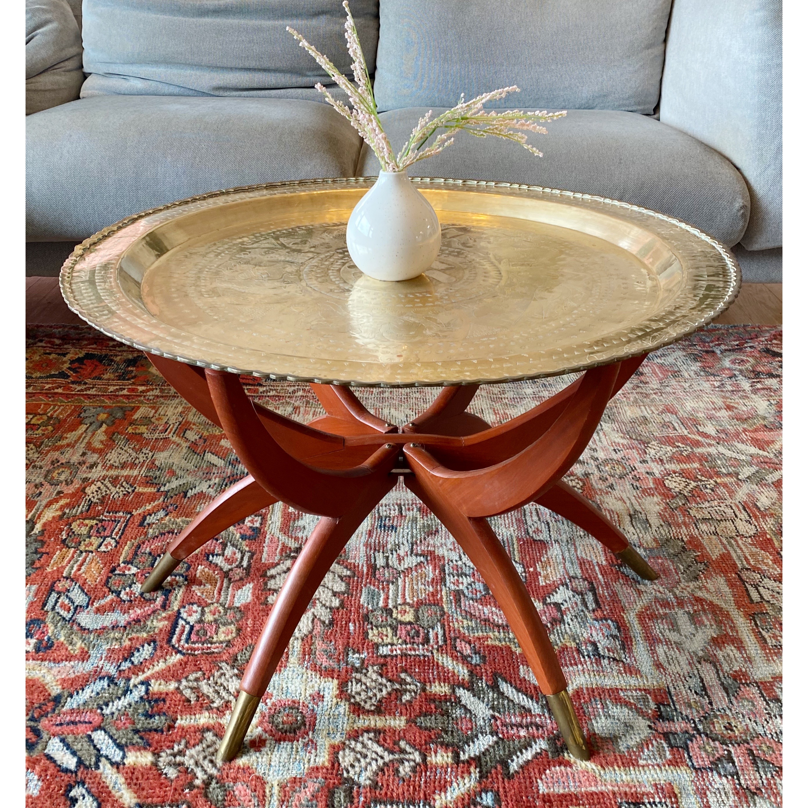 Mid-Century Brass & Wood Tray Table