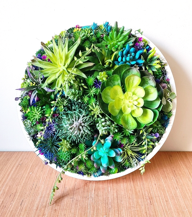Faux Succulent Wall Circle x 1 (Green, Blues + Purples)