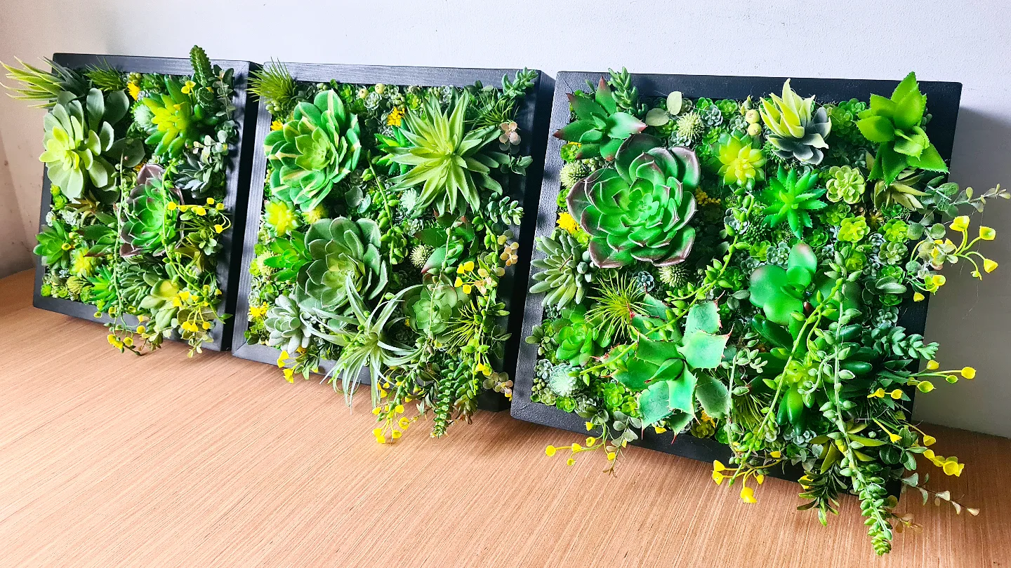 Faux Succulent Wall Squares, Trio x 3 (Green/Yellows)