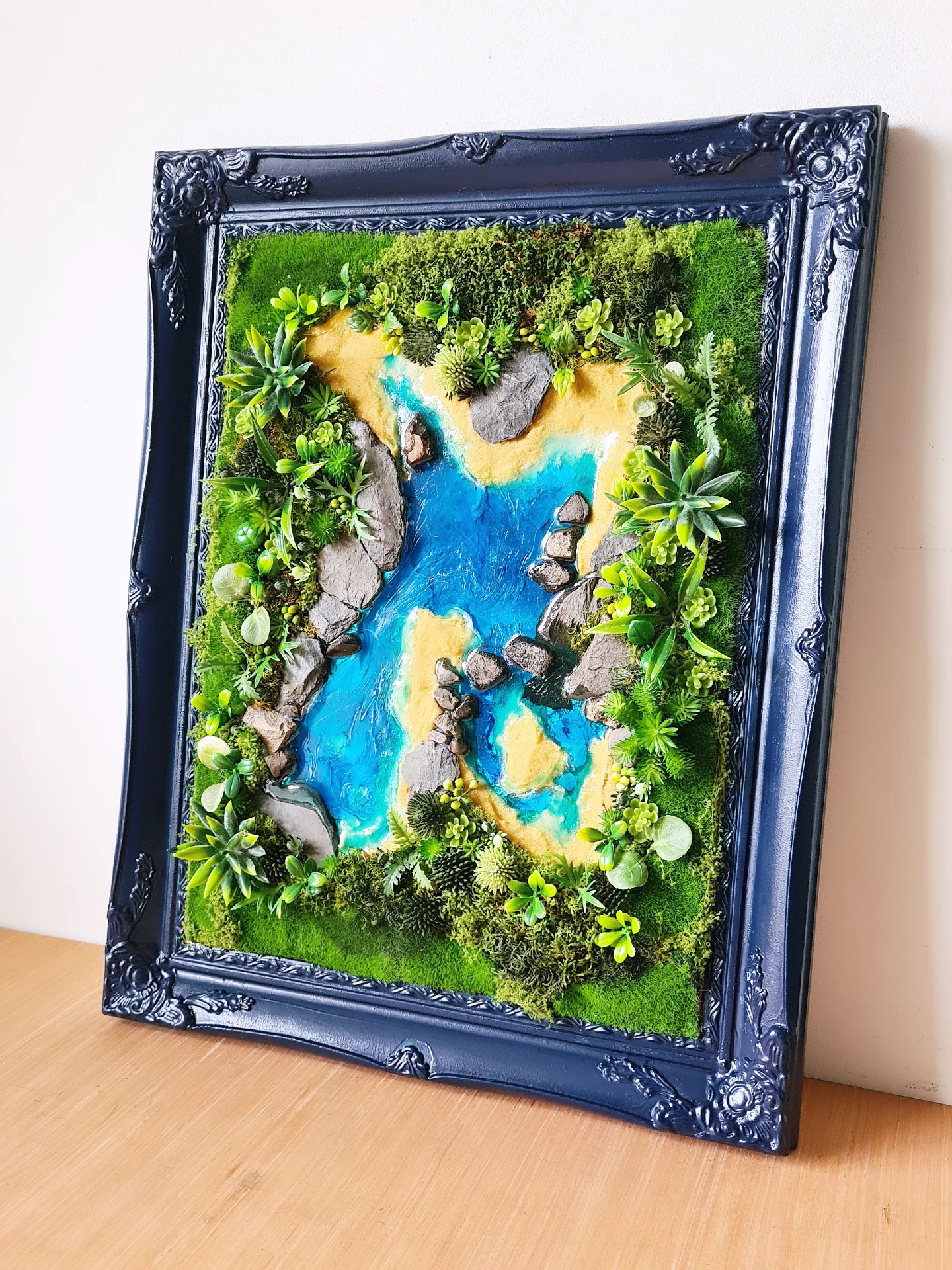 Faux Succulent Moss Wall 3D Art: Resin Lagoon, Upcycled Frame
