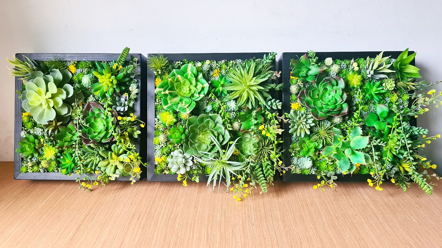 Faux Succulent Wall Squares, Trio x 3 (Green/Yellows)
