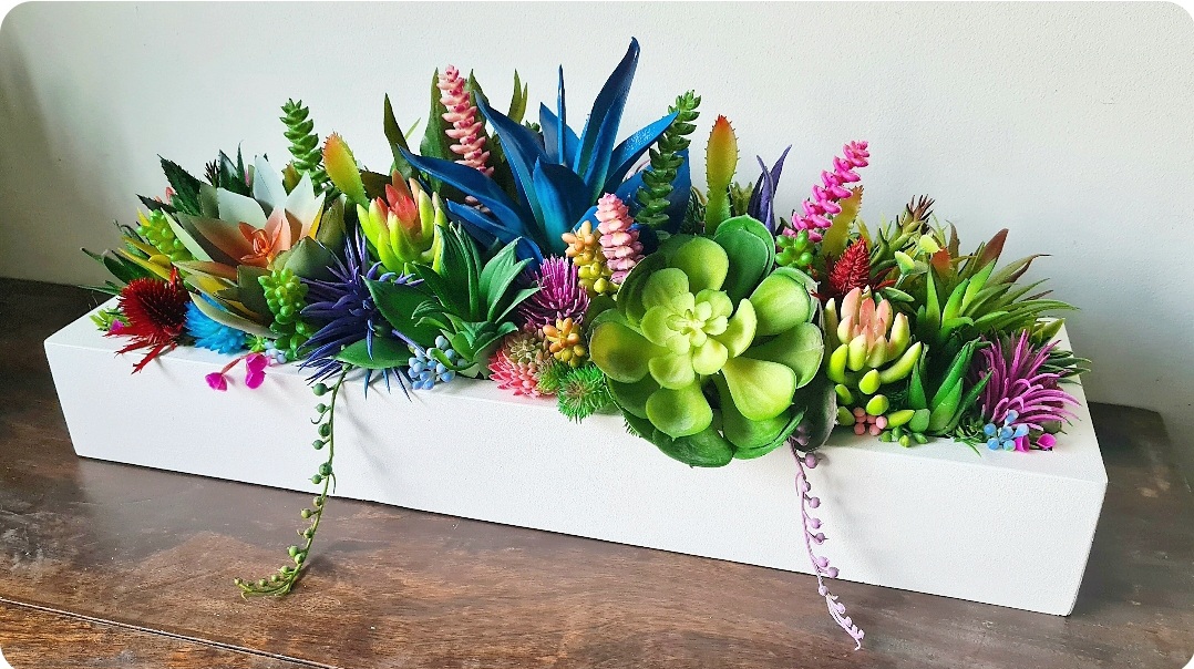 Faux Succulent Arrangement (tones of natural Green with Vibrant Rainbow accents)