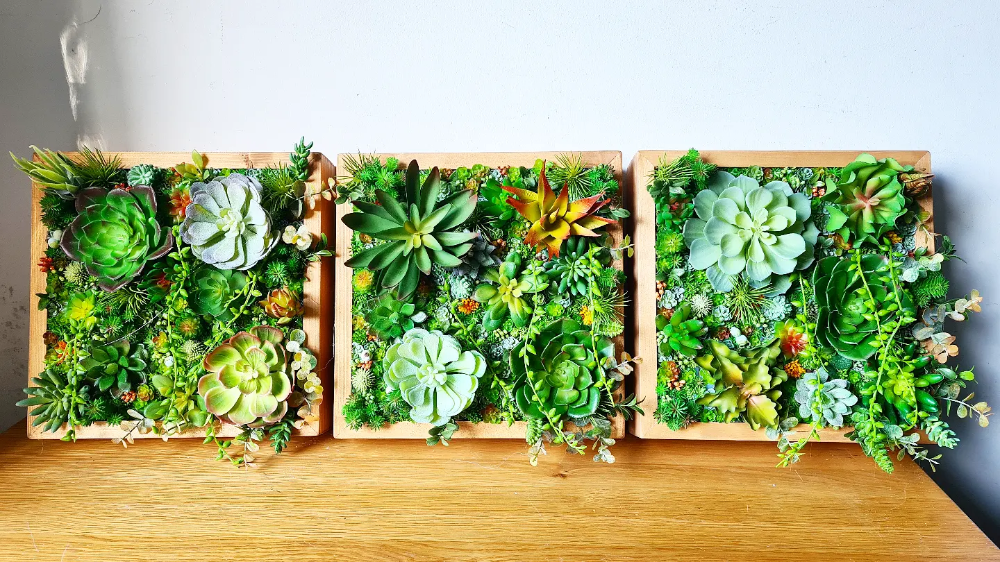 Faux Succulent Wall Squares, Trio x 3 (Green/Rusts)