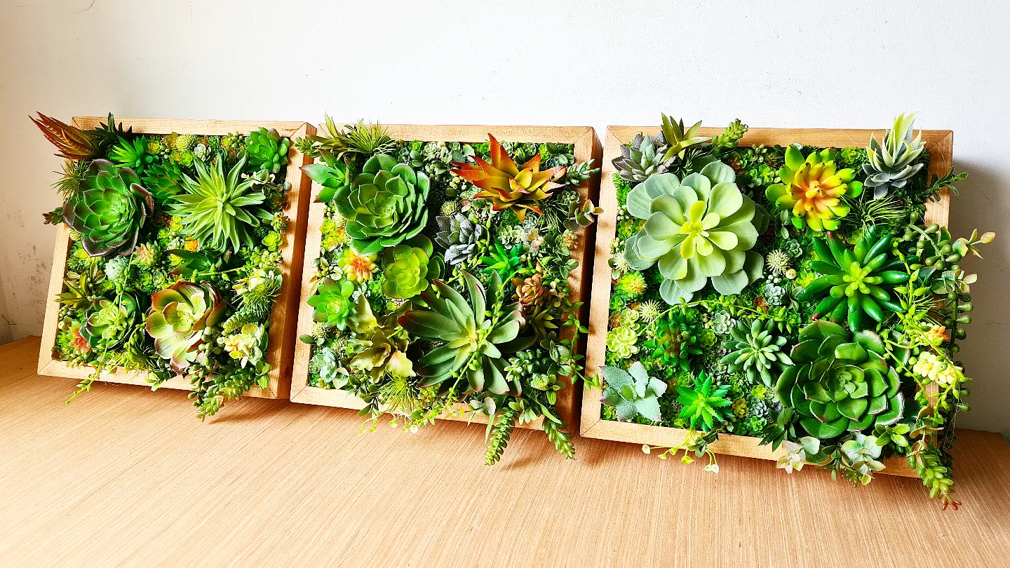 Faux Succulent Wall Squares, Trio x 3 (Green/Rusts)