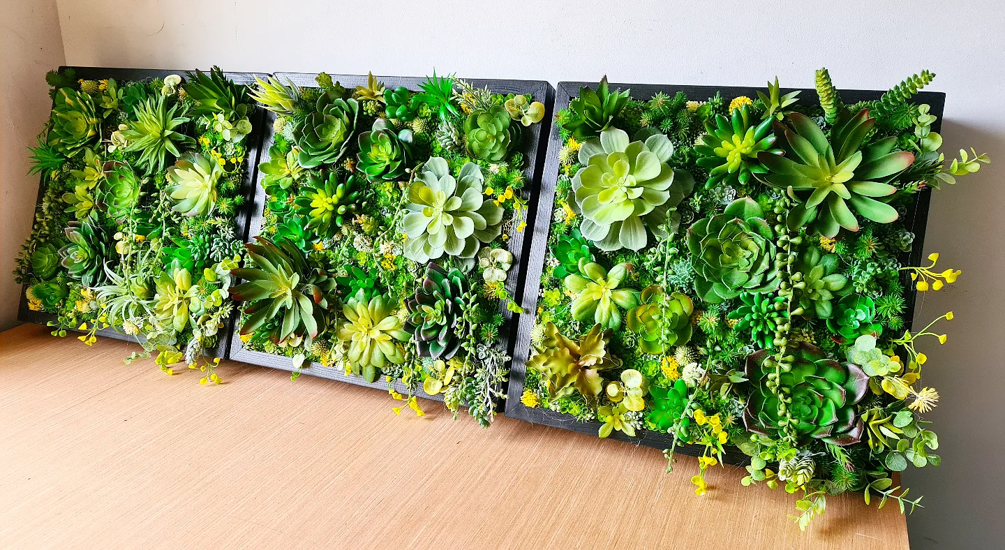 Faux Succulent Wall Squares, Trio x 3 (Green/Yellows)