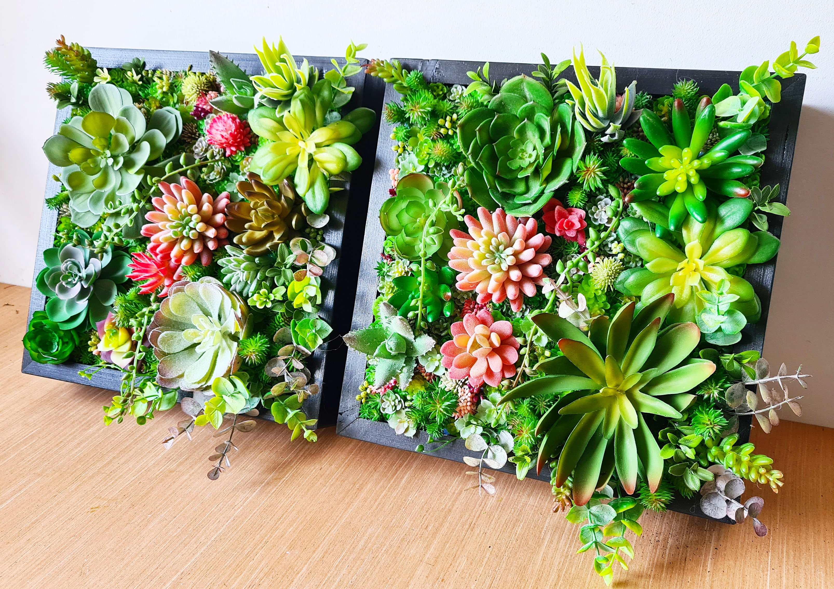 Faux Succulent Wall Squares, Trio x 3 (Green/Pinks)