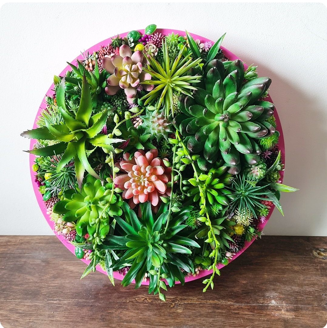 Faux Succulent Wall Circle x 1 (Green/Pink)