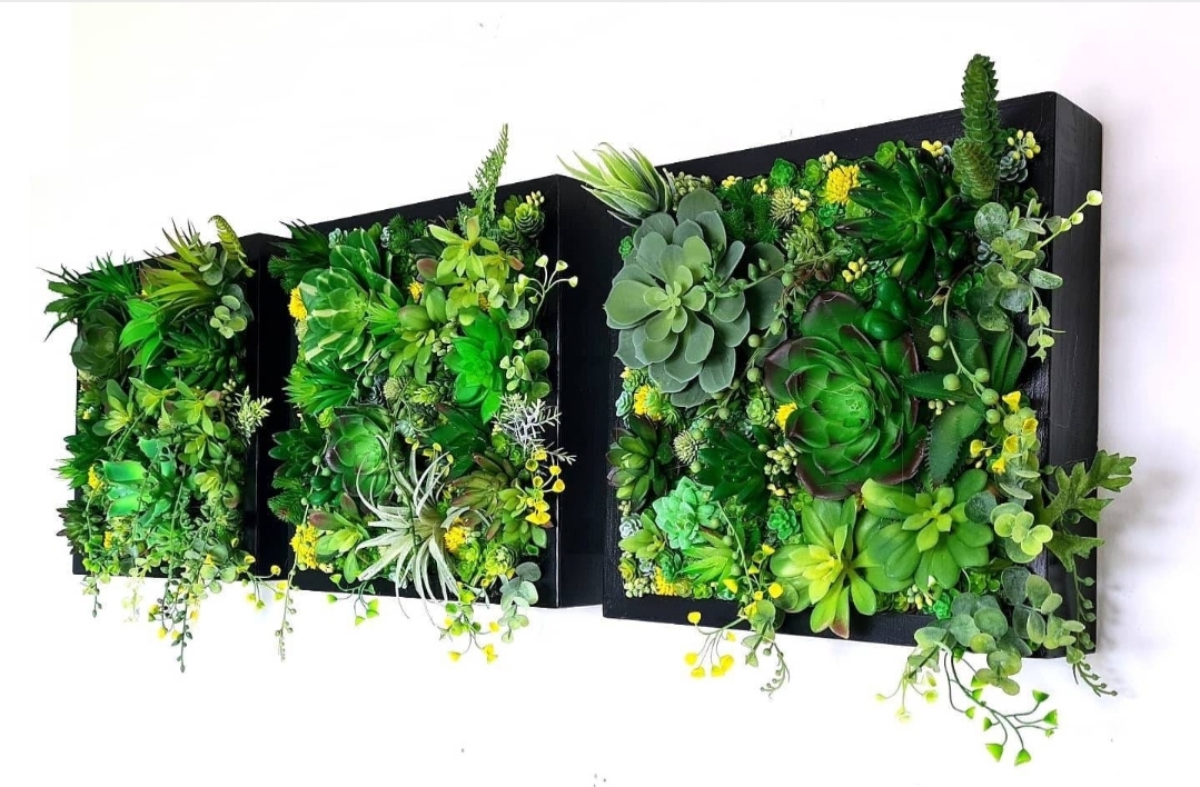 Faux Succulent Wall Squares, Trio x 3 (Green/Yellows)