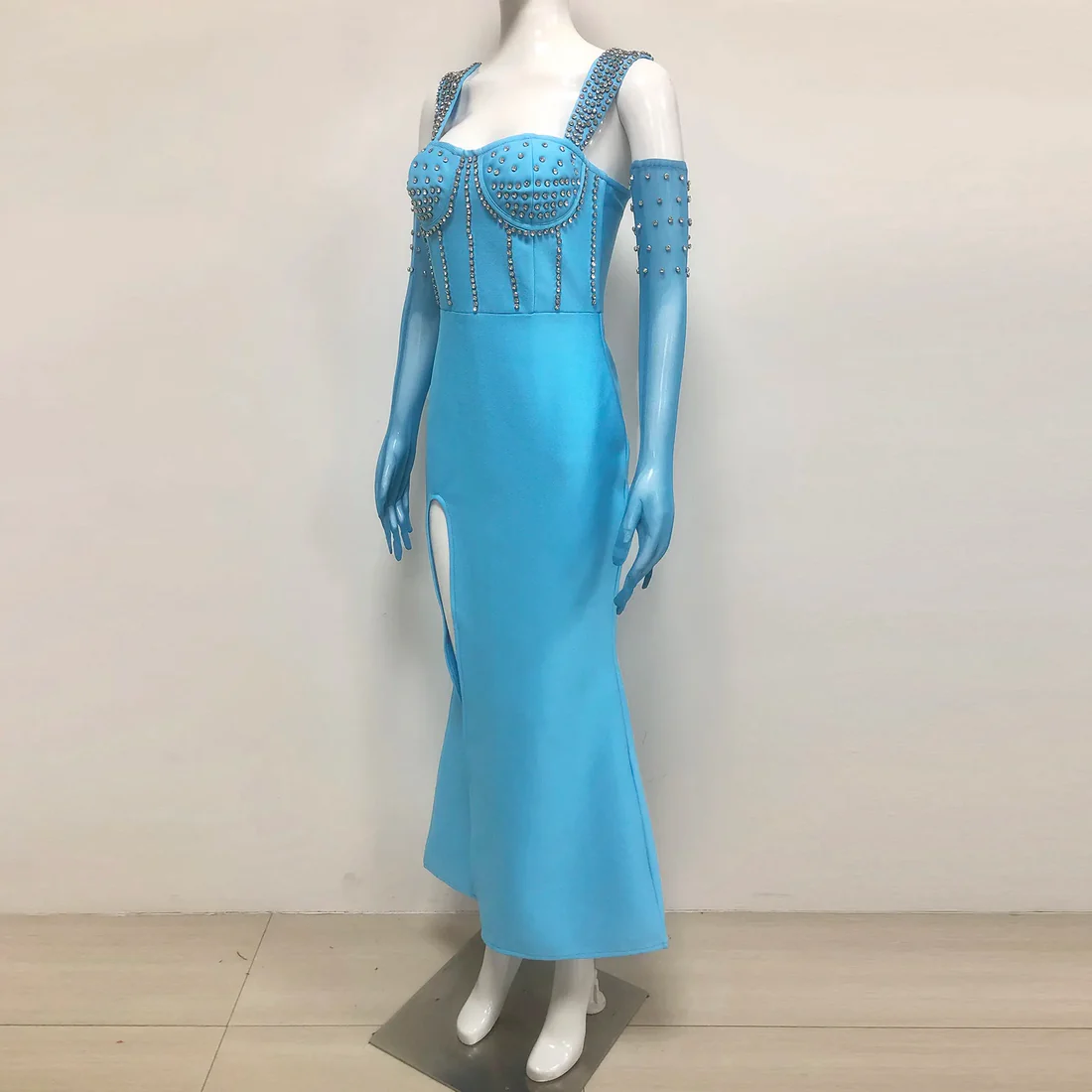 Blue Rhinestone Embellished Dress