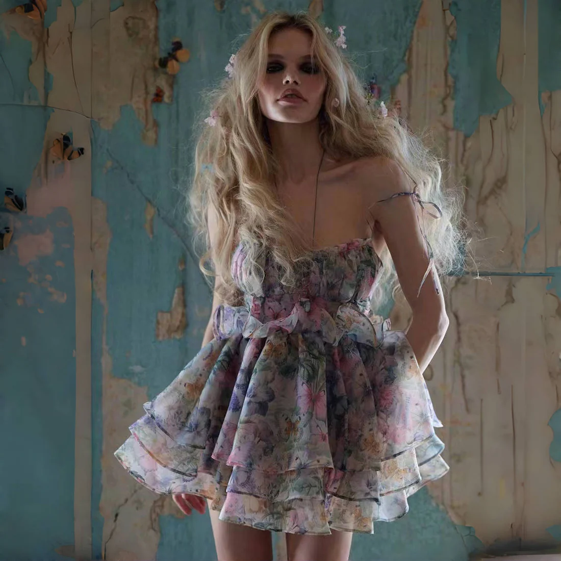 Lace-up Floral Print Mini Dress