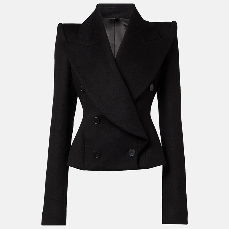 Women's Black Double-Breasted Blazer Black Wool Jacket 