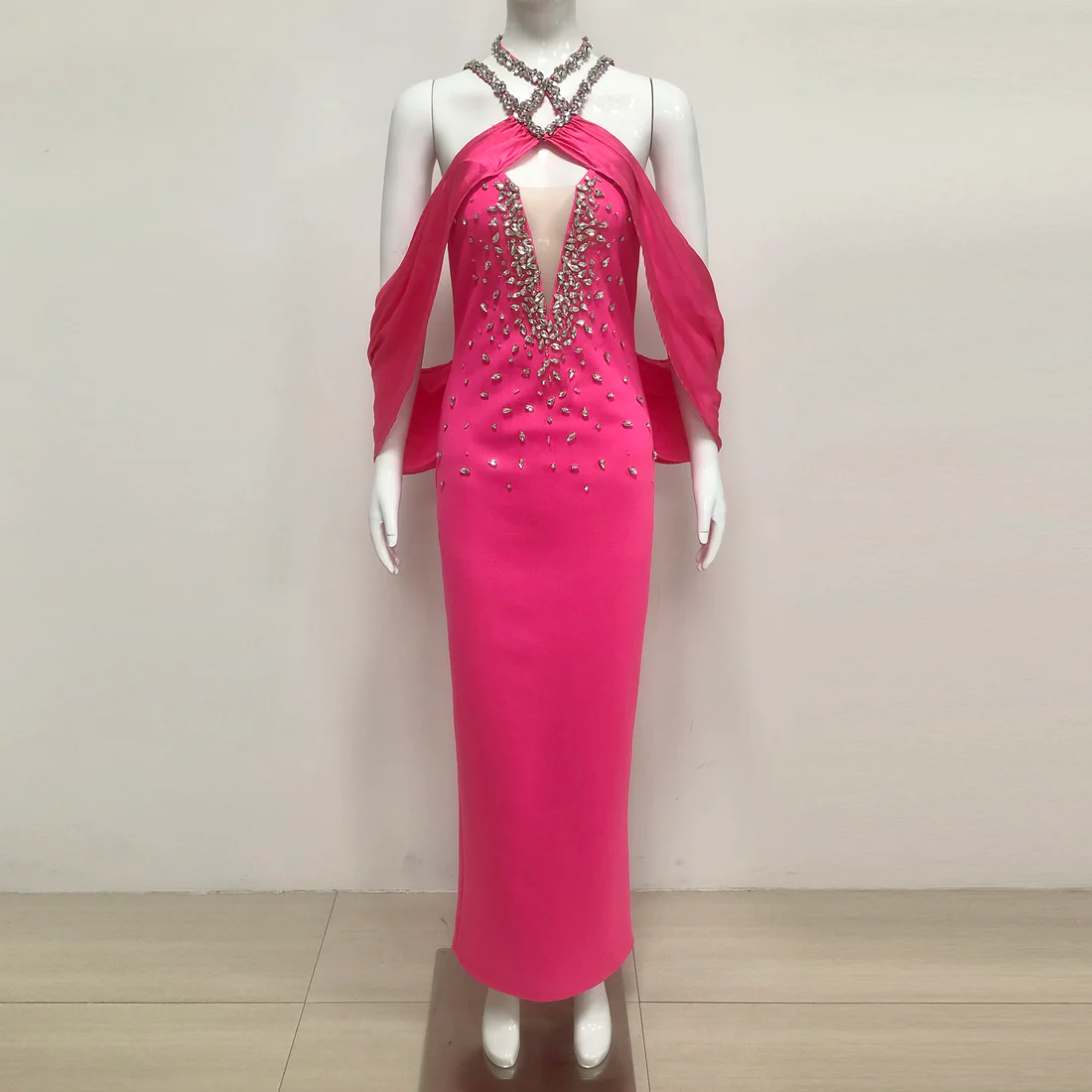 Elegant Pink Crystal Evening Gown